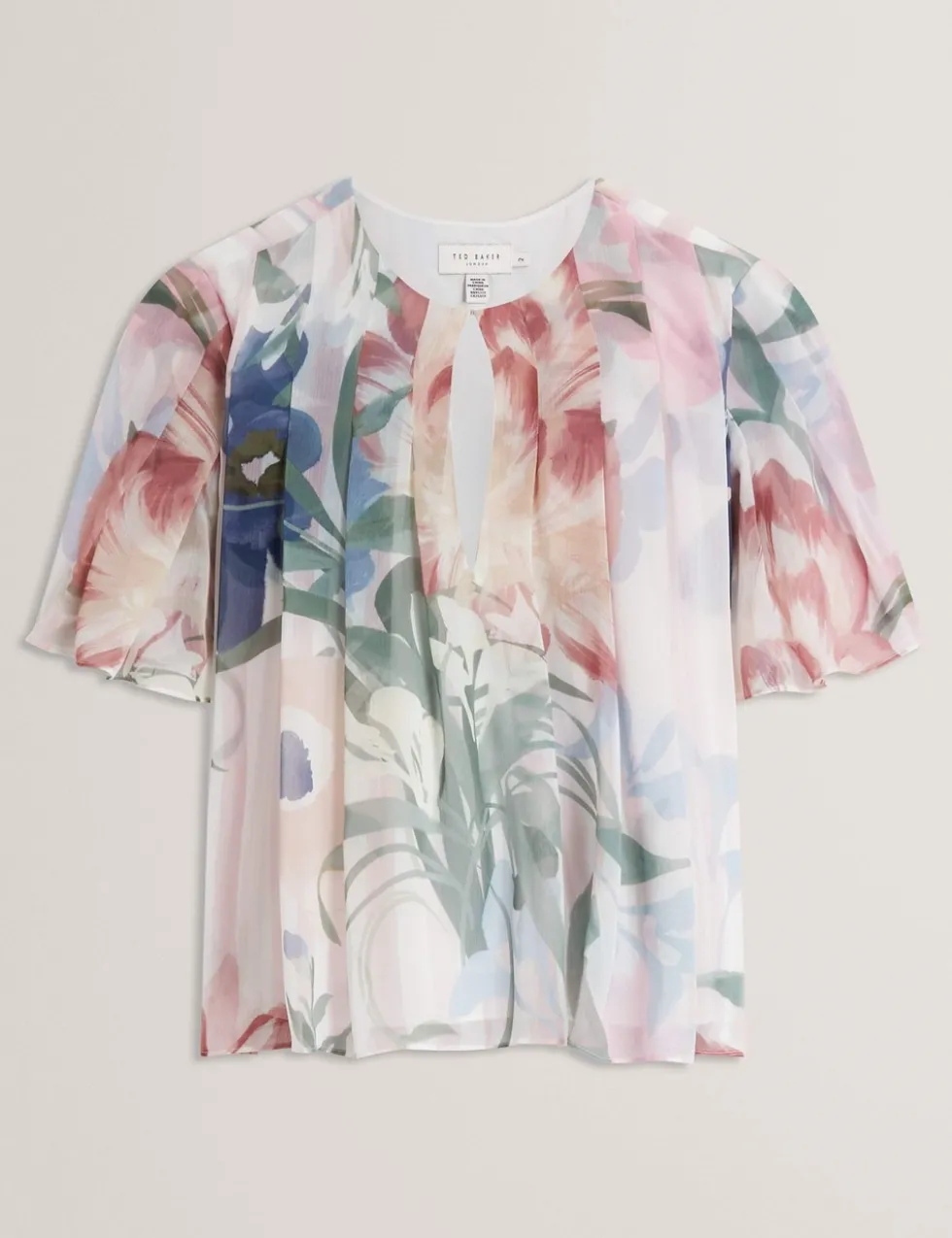 Botanical Print Pleated Angel Sleeve Top