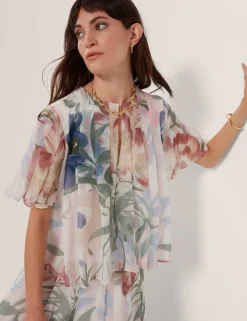 Botanical Print Pleated Angel Sleeve Top