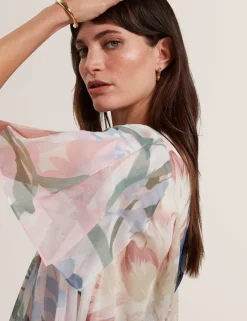 Botanical Print Pleated Angel Sleeve Top