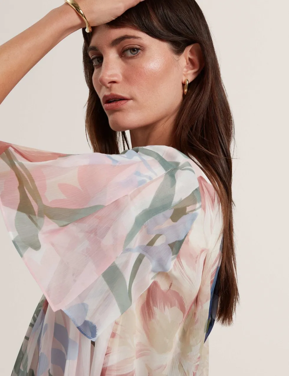Botanical Print Pleated Angel Sleeve Top