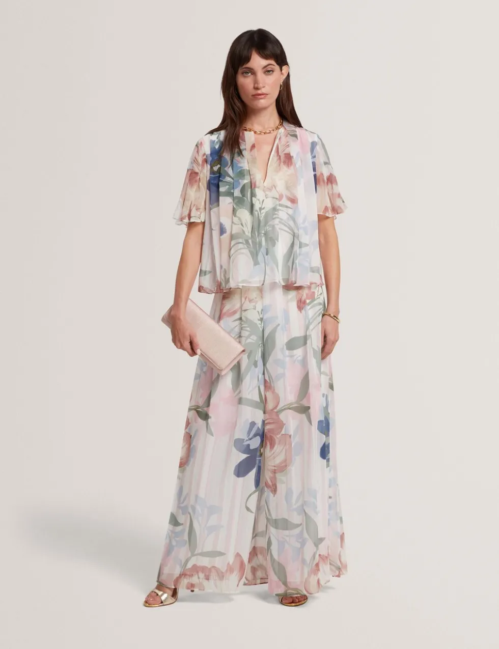 Botanical Print Pleated Angel Sleeve Top