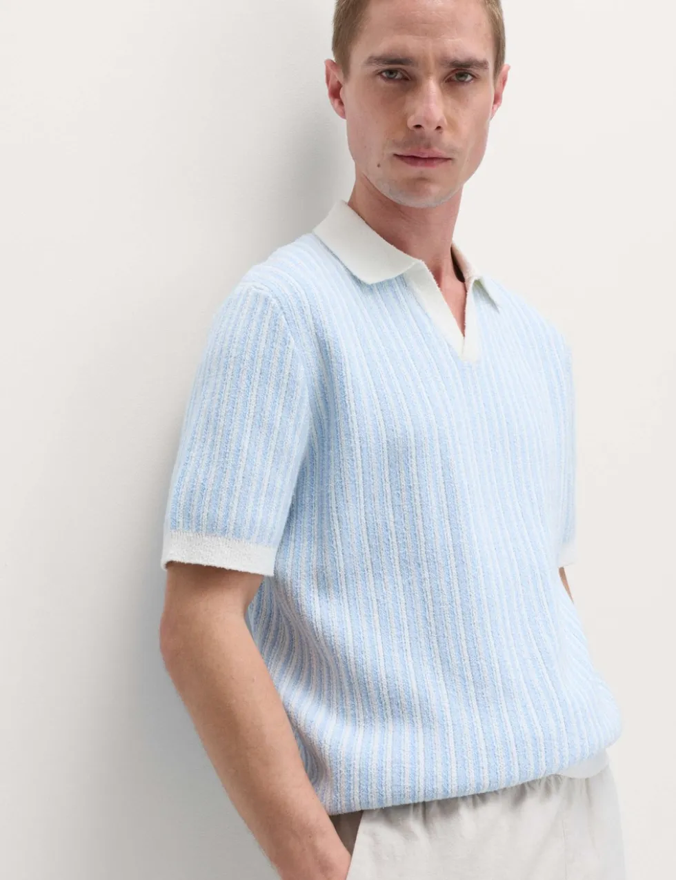 Boucle Striped Open Neck Knitted Polo Shirt