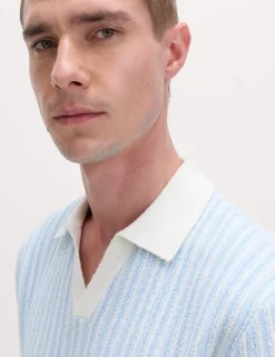 Boucle Striped Open Neck Knitted Polo Shirt