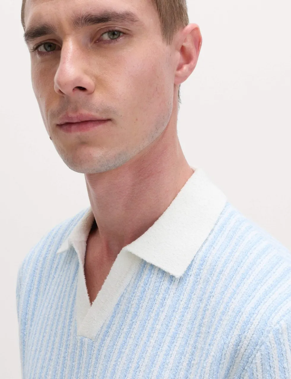 Boucle Striped Open Neck Knitted Polo Shirt