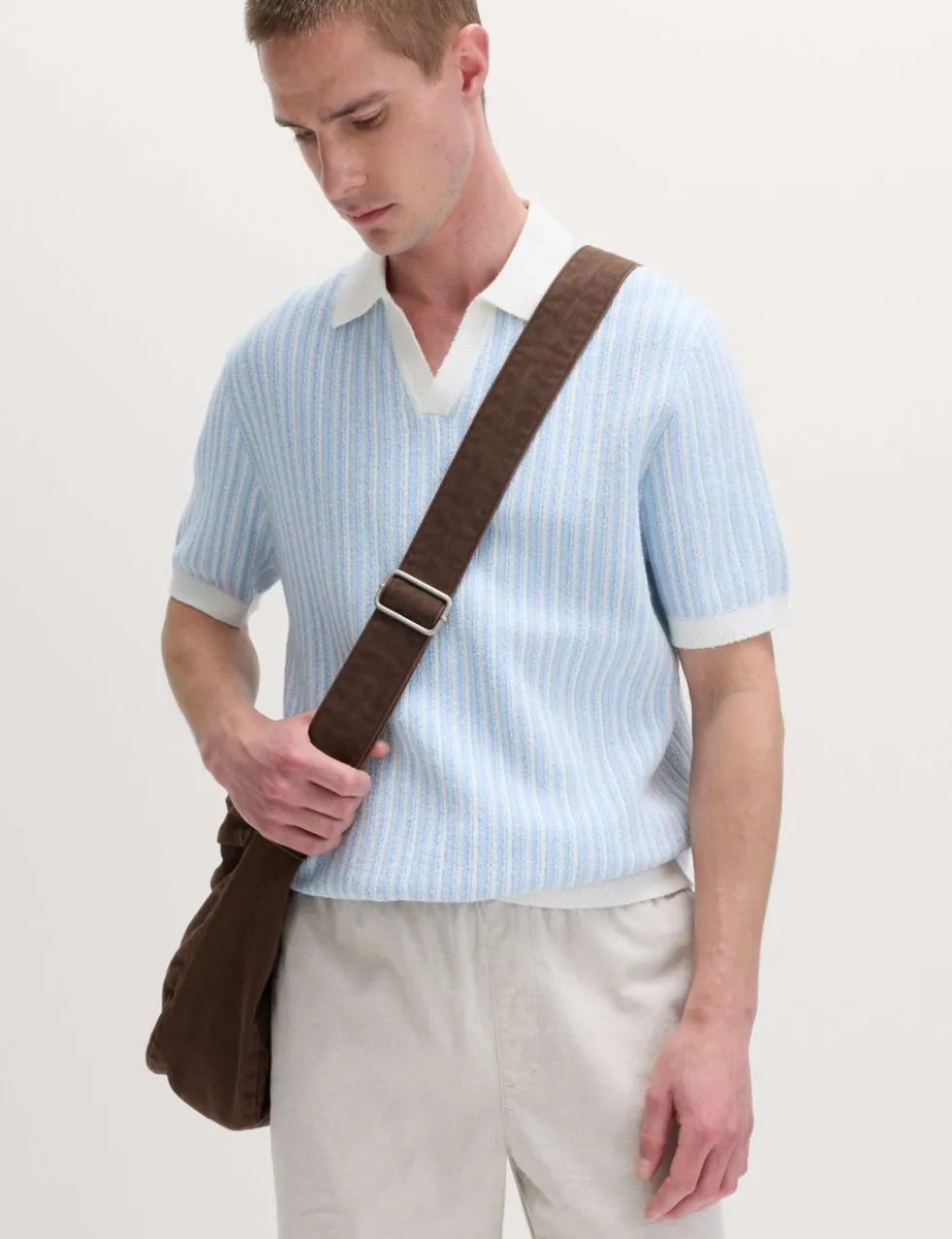 Boucle Striped Open Neck Knitted Polo Shirt
