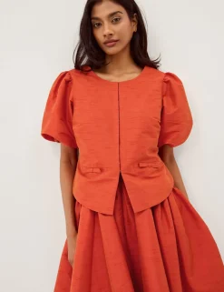 Bow Pocket Puff Sleeve Jacket
