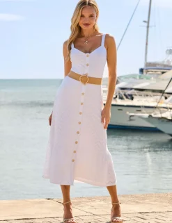 Broderie Belted Midi Waisted Dress