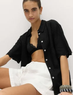 Broderie Collared Cutwork Detail Shirt with Linen