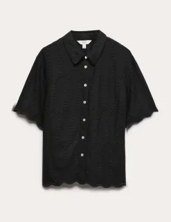 Broderie Collared Cutwork Detail Shirt with Linen