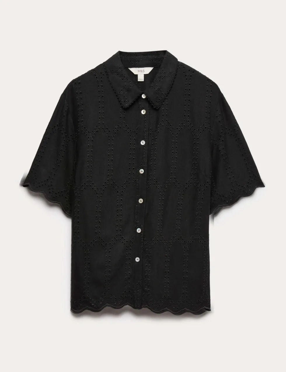 Broderie Collared Cutwork Detail Shirt with Linen