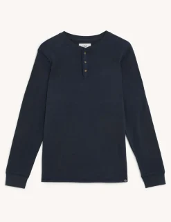 Brushed Cotton Crew Neck Henley T-Shirt