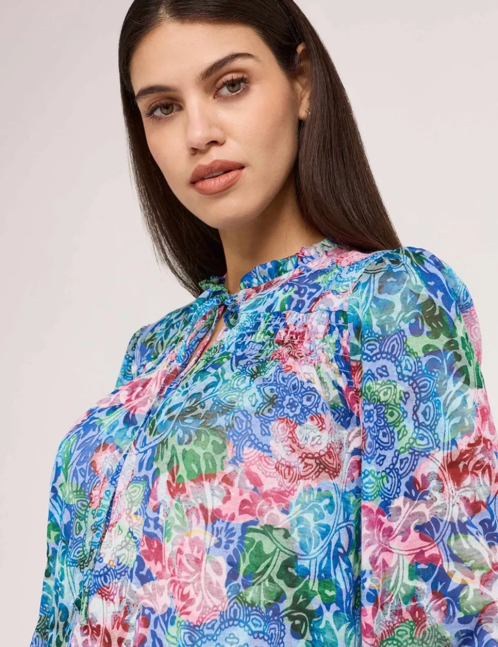 Burnout Jersey Floral Tie Neck Blouse