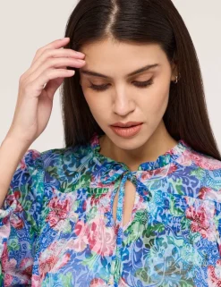 Burnout Jersey Floral Tie Neck Blouse