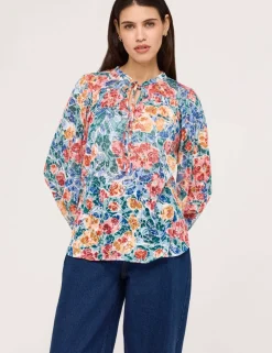 Burnout Jersey Floral Tie Neck Blouse