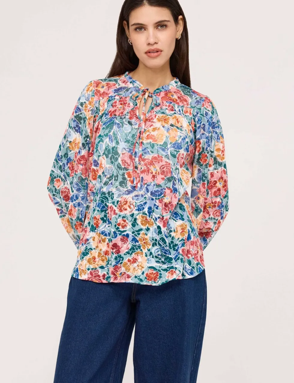 Burnout Jersey Floral Tie Neck Blouse