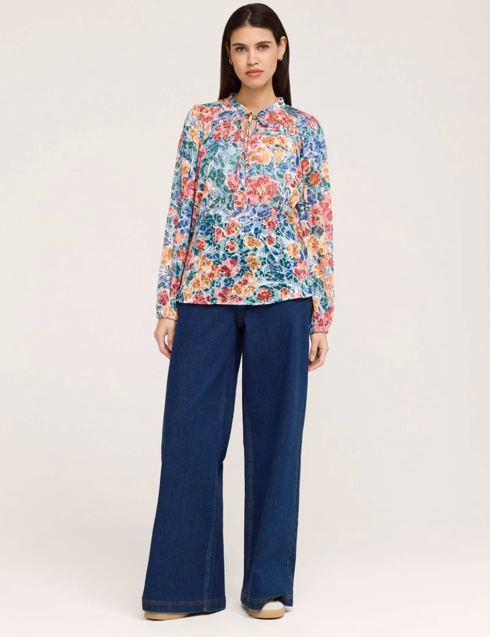 Burnout Jersey Floral Tie Neck Blouse
