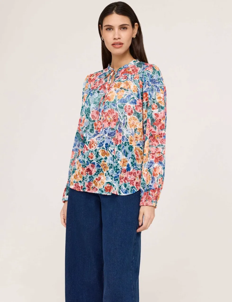 Burnout Jersey Floral Tie Neck Blouse