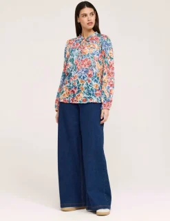 Burnout Jersey Floral Tie Neck Blouse