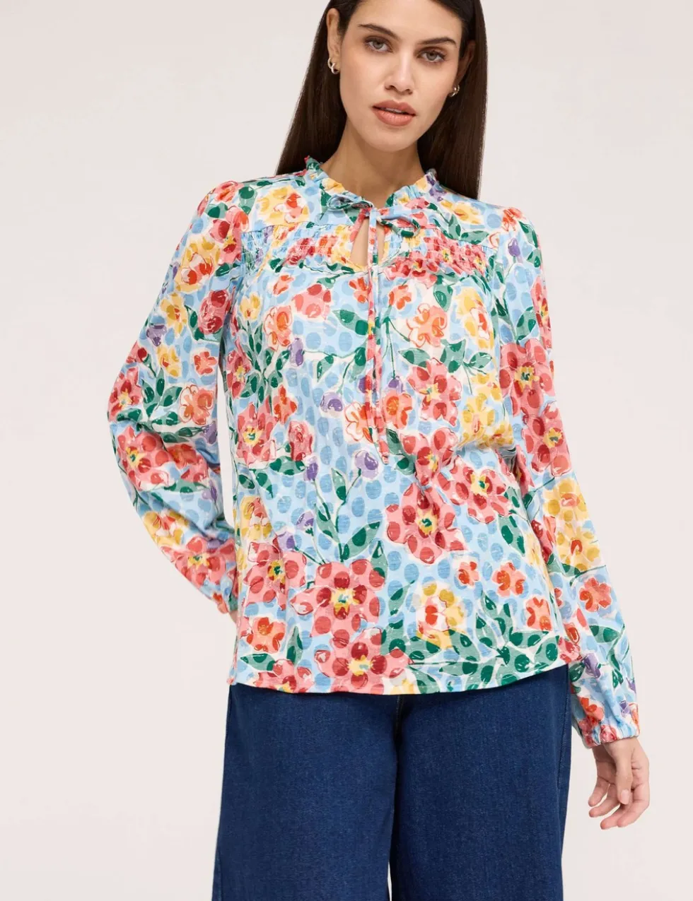 Burnout Jersey Floral Tie Neck Blouse