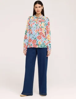 Burnout Jersey Floral Tie Neck Blouse
