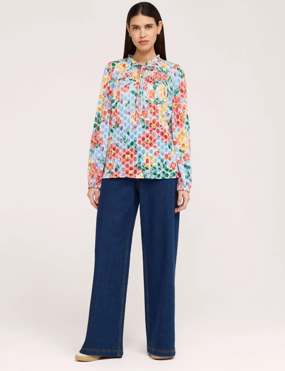 Burnout Jersey Floral Tie Neck Blouse