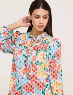 Burnout Jersey Floral Tie Neck Blouse