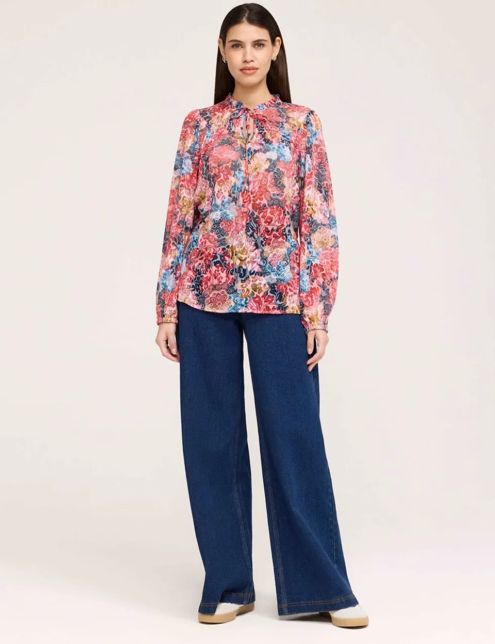Burnout Jersey Floral Tie Neck Blouse