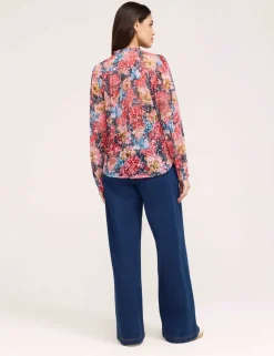 Burnout Jersey Floral Tie Neck Blouse