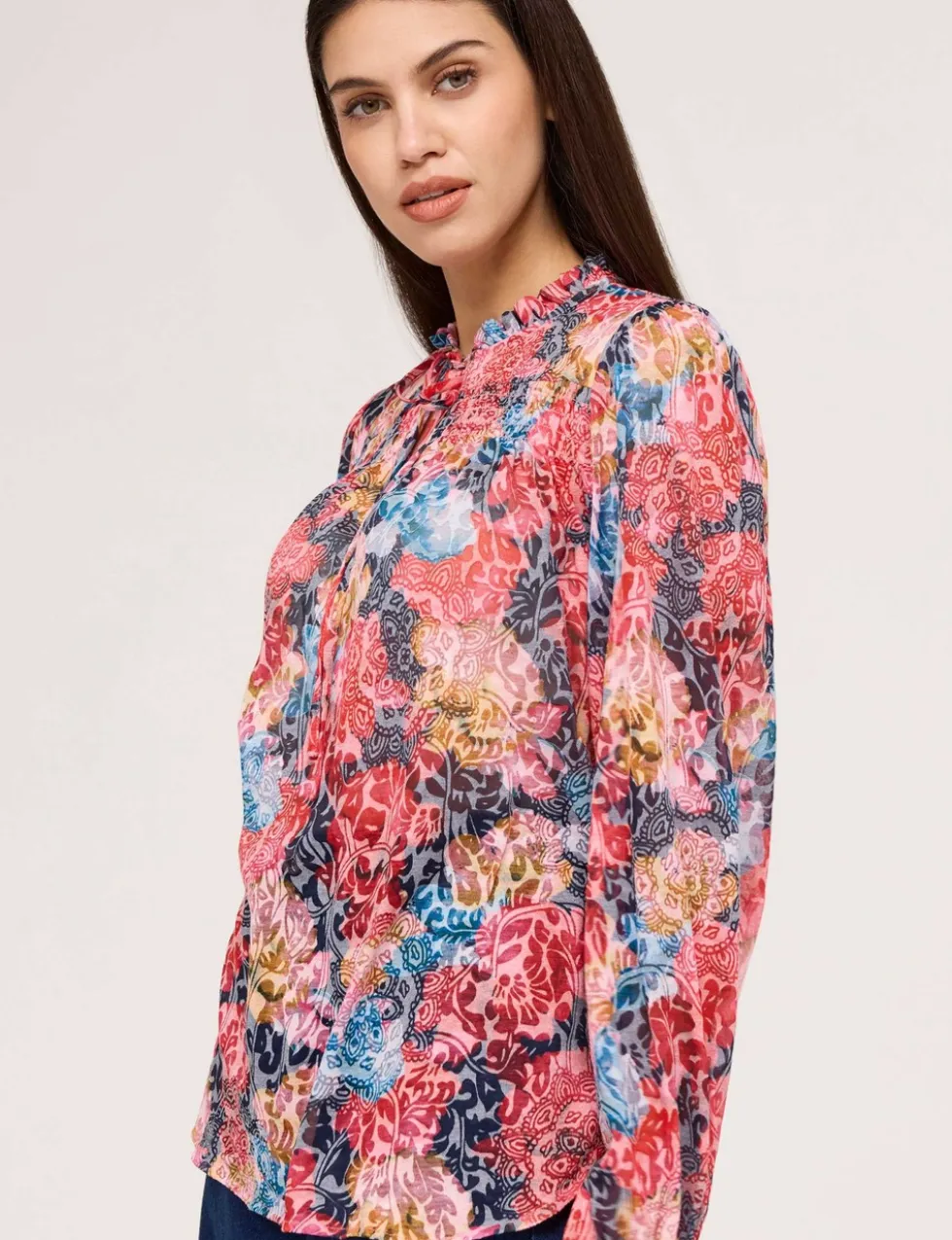 Burnout Jersey Floral Tie Neck Blouse