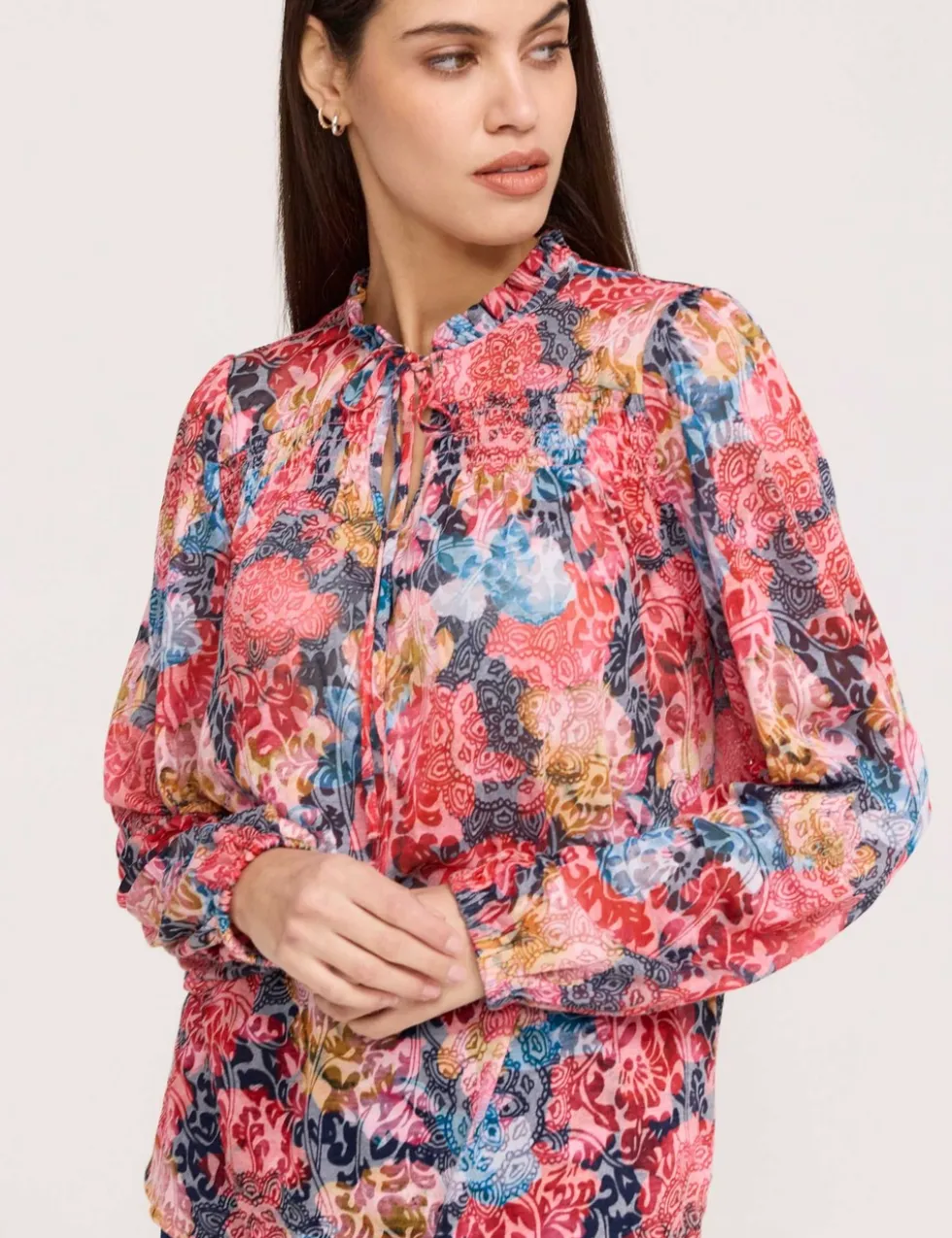 Burnout Jersey Floral Tie Neck Blouse