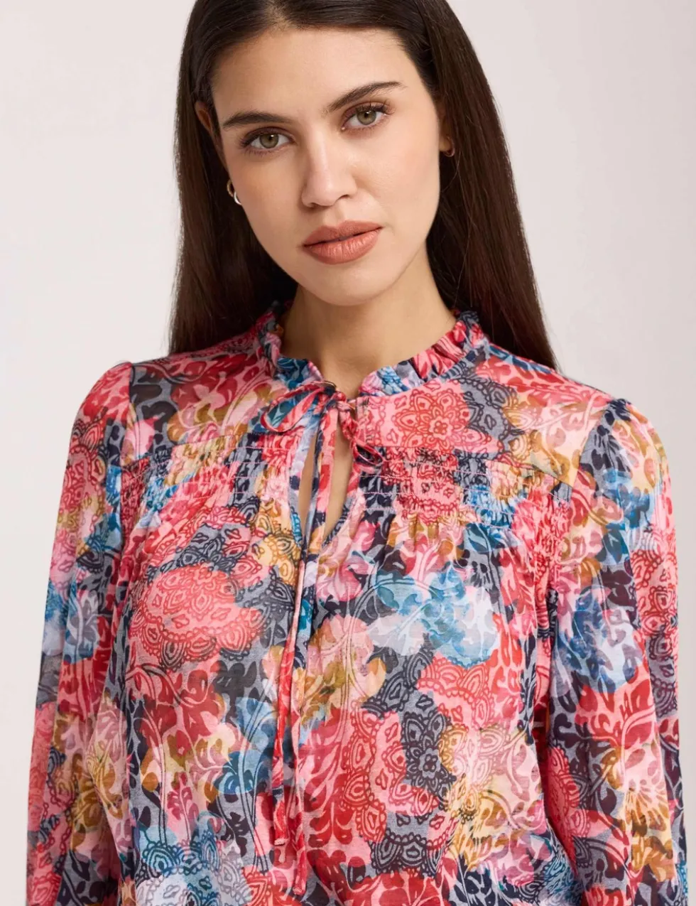 Burnout Jersey Floral Tie Neck Blouse