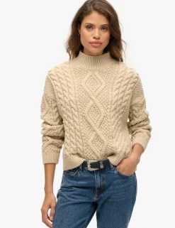 Cable Knit Funnel Neck Jumper with Wool