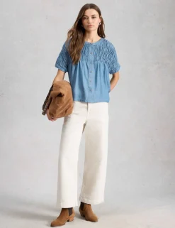 Chambray Gathered Button Through Blouse