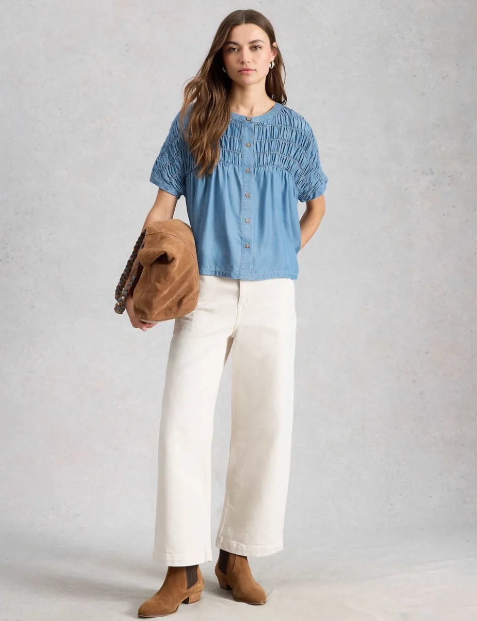 Chambray Gathered Button Through Blouse