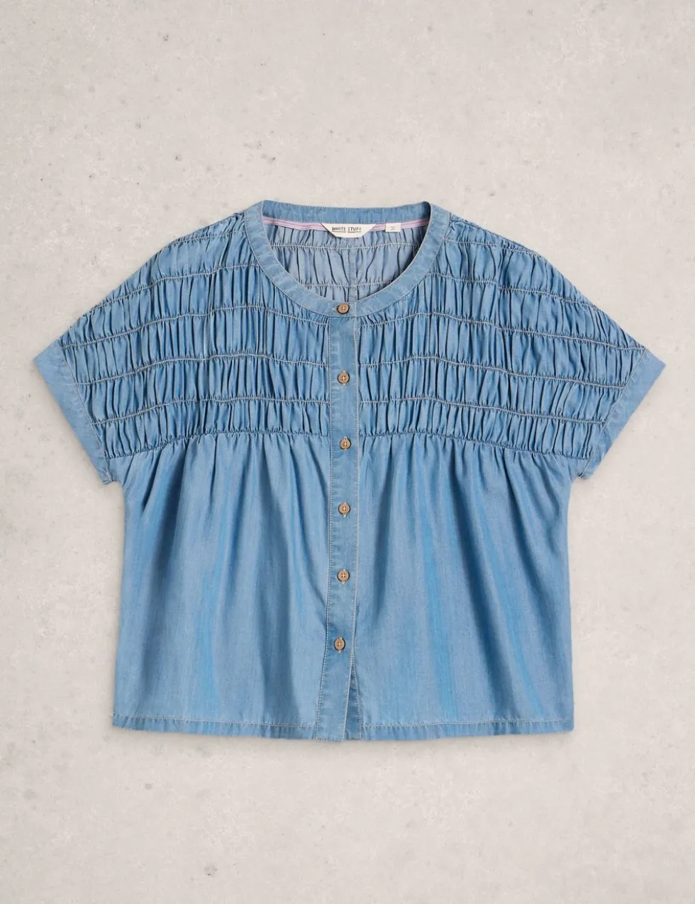 Chambray Gathered Button Through Blouse
