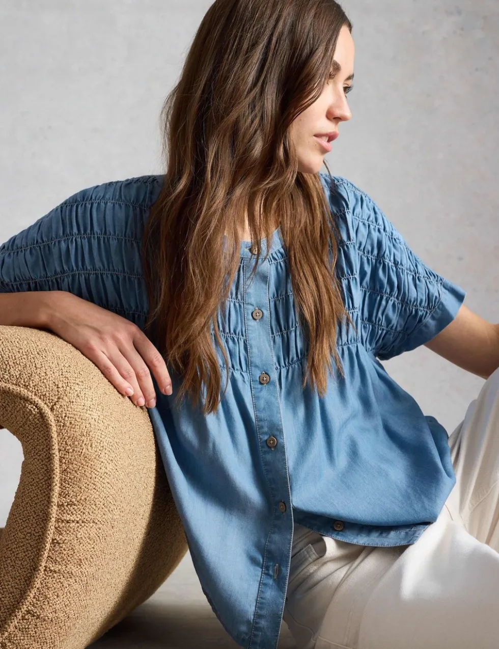 Chambray Gathered Button Through Blouse