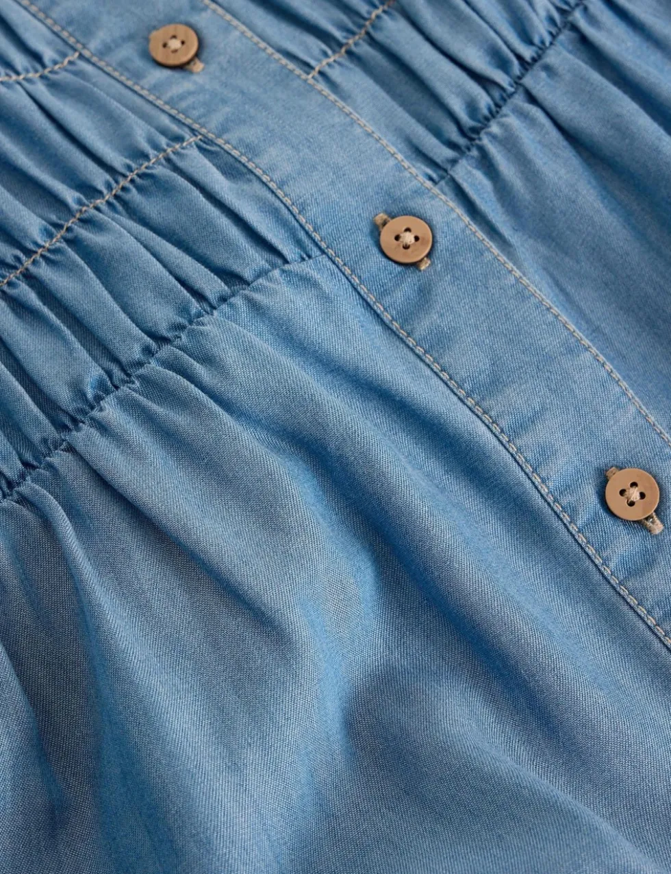 Chambray Gathered Button Through Blouse