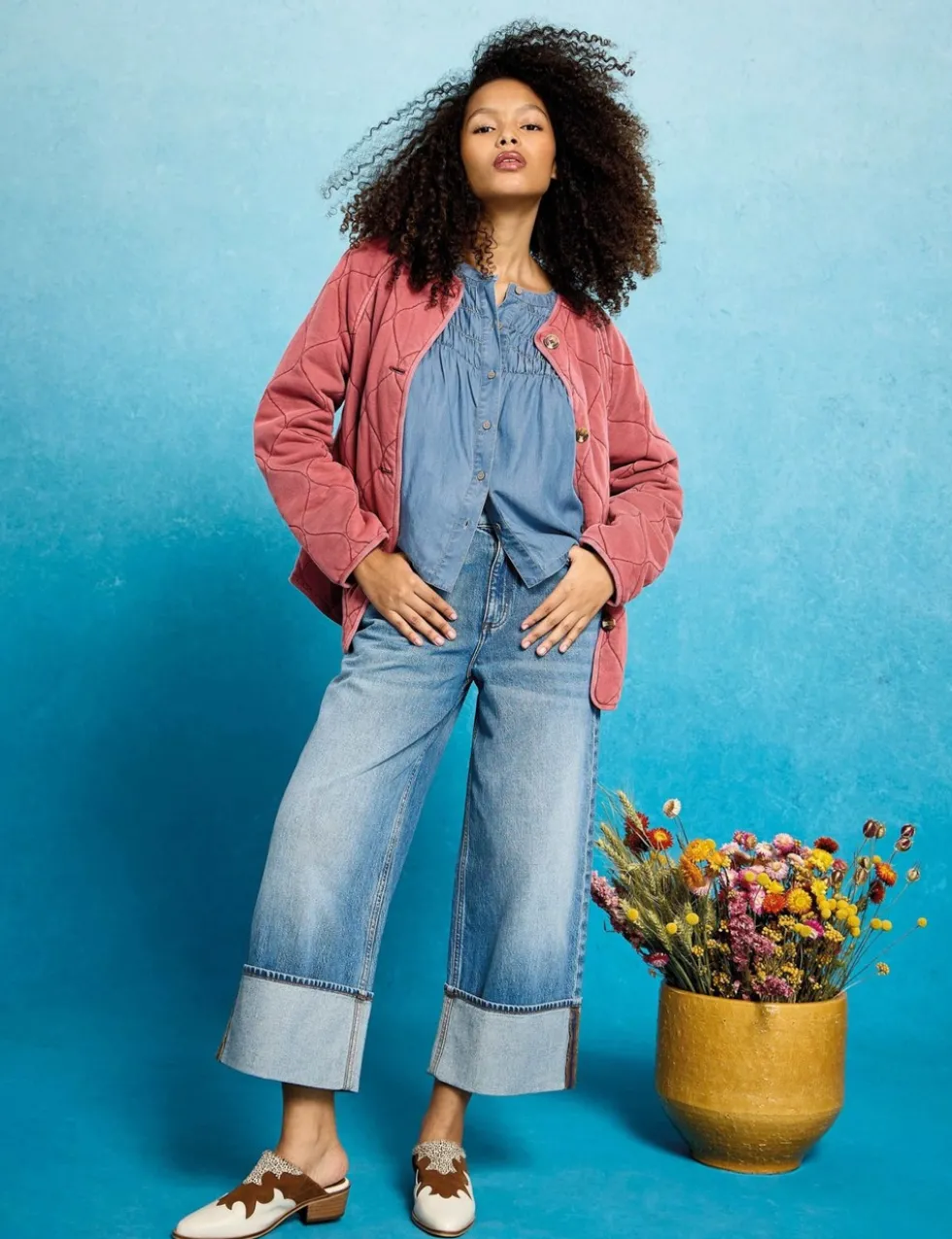 Chambray Gathered Button Through Blouse