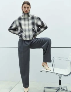 Checked Bubble Hem Funnel Neck Jacket