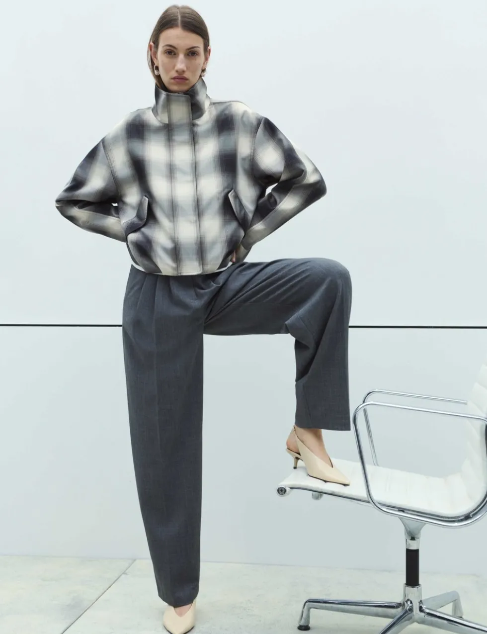 Checked Bubble Hem Funnel Neck Jacket