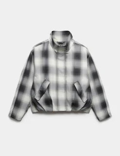 Checked Bubble Hem Funnel Neck Jacket