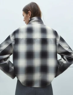 Checked Bubble Hem Funnel Neck Jacket