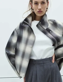 Checked Bubble Hem Funnel Neck Jacket