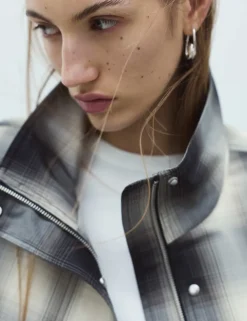 Checked Bubble Hem Funnel Neck Jacket