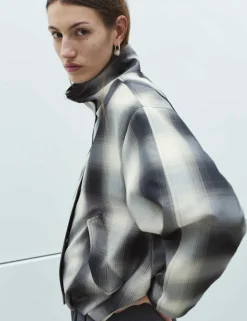 Checked Bubble Hem Funnel Neck Jacket