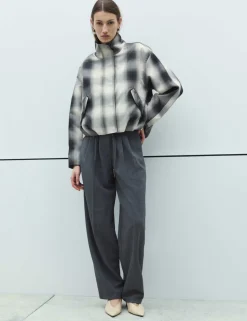 Checked Bubble Hem Funnel Neck Jacket