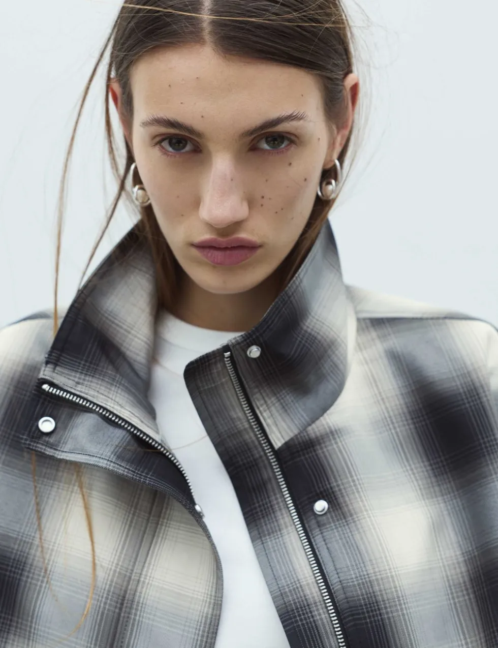 Checked Bubble Hem Funnel Neck Jacket