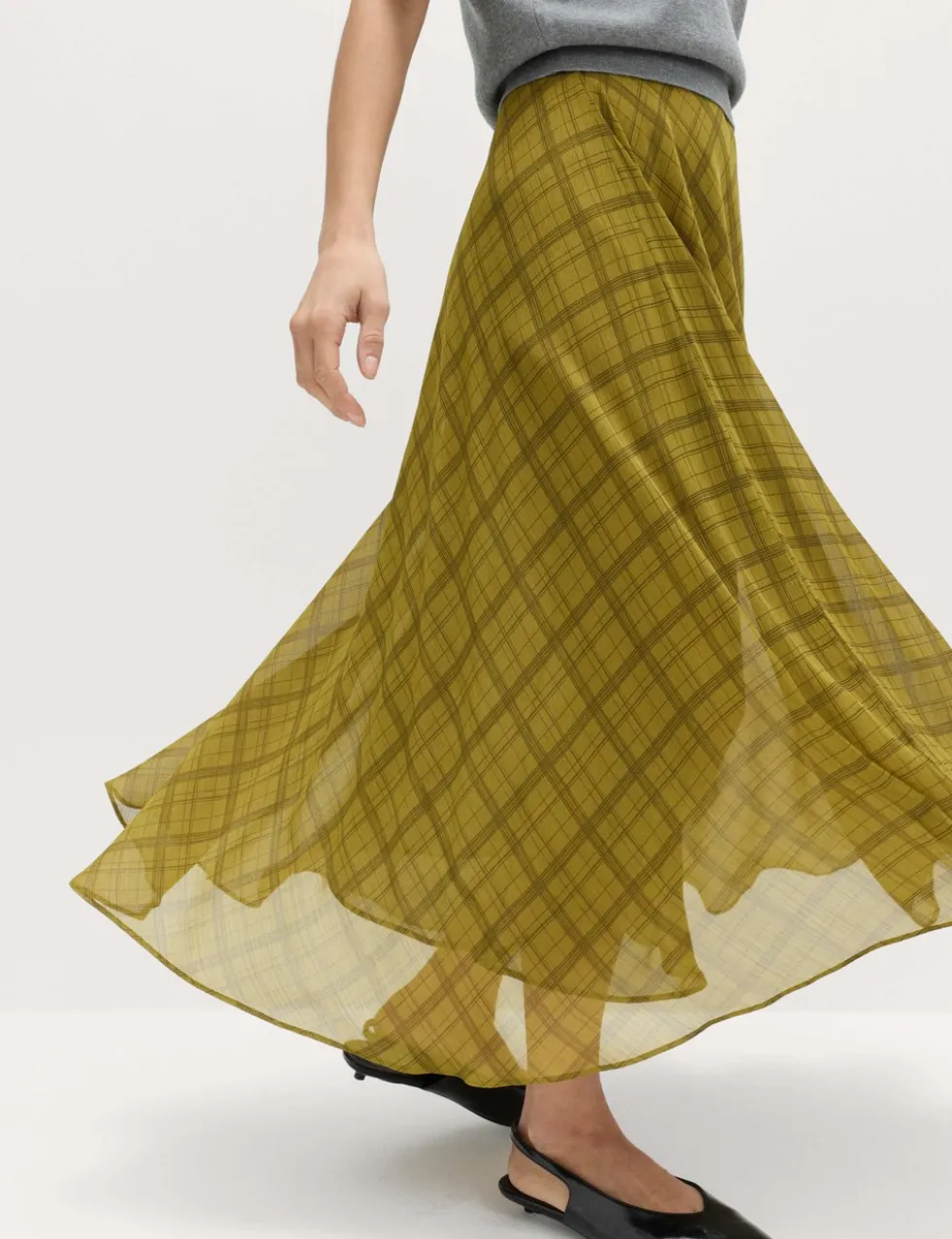 Checked Chiffon Midi A-Line Skirt