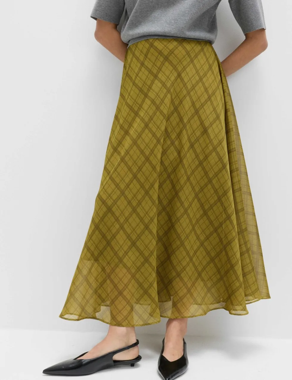 Checked Chiffon Midi A-Line Skirt