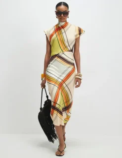 Checked Cowl Neck Midi Column Dress